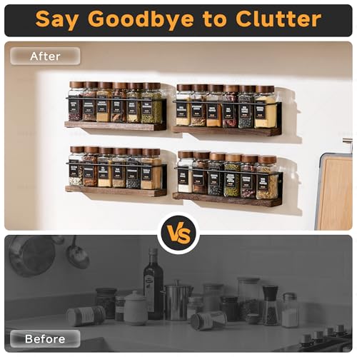 4-Tier Wall Mount Spice Rack Organizer with 24 Glass Jars, 216 Labels & Funnel - Screw/Adhesive Mount, Black Metal & Wood Spice Storage for Kitchen Pantry Cabinet, 11.6”L x 2.4”W x 3.2”H