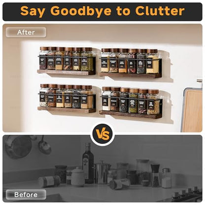 4-Tier Wall Mount Spice Rack Organizer with 24 Glass Jars, 216 Labels & Funnel - Screw/Adhesive Mount, Black Metal & Wood Spice Storage for Kitchen Pantry Cabinet, 11.6”L x 2.4”W x 3.2”H