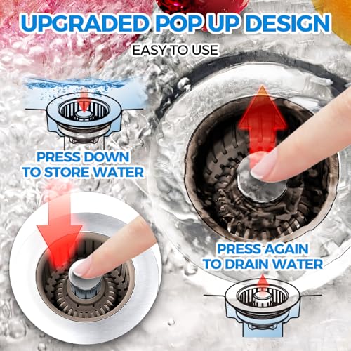 3 in 1 Kitchen Sink Drain Strainer Stopper Removable Basket Pop-Up | Kitchen Sink Accessories 1 Pack Brown Stainless - Food Catcher, Odor-Blocking Seal, Fits 3.5" Drain, Easy Clean
