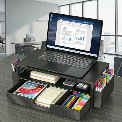 Desk Organizer and Accessories, 2-Tier Computer Monitor Stand Rise with Storage Drawer & 2 Pen Holders, Laptop & Printer Stand for Desktop, Workspace Organizers for Office Supplies (Black)