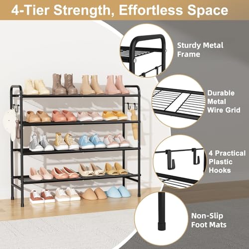 VILICK 4-Tier Shoe Rack 33" Wide Metal Shoe Organizer Long Shoe Storage with 4 Side Hooks Sturdy Shoes Shelf for Closet, Front Door Entrance, Garage, Dorm, Black