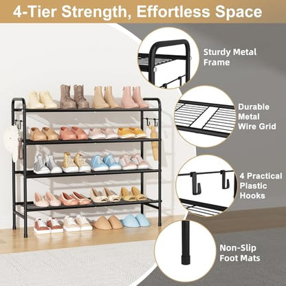 VILICK 4-Tier Shoe Rack 33" Wide Metal Shoe Organizer Long Shoe Storage with 4 Side Hooks Sturdy Shoes Shelf for Closet, Front Door Entrance, Garage, Dorm, Black