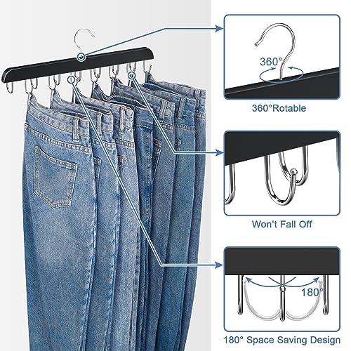 Jean Hangers for Closet, 14 Wood Jeans Hooks Space Saving, 180° Rotating Jean Hangers for Skirts/Shorts/Belts/Ties, Closet Organizers and Storage, Pants Hooks for Jeans, 2 Pack, Black