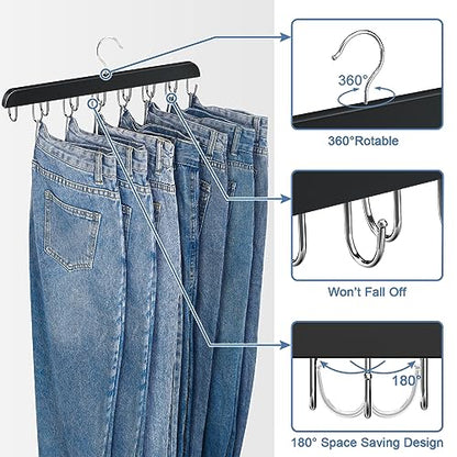 Jean Hangers for Closet, 14 Wood Jeans Hooks Space Saving, 180° Rotating Jean Hangers for Skirts/Shorts/Belts/Ties, Closet Organizers and Storage, Pants Hooks for Jeans, 2 Pack, Black