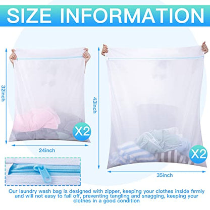 Windyun 4 Pieces Jumbo Mesh Laundry Bags, 43 x 35 and 24 x 32 Inches Large Mesh Wash Bags Zippered Garment Bag for Washing Machine Garment Dirty Clothes Washer Dryer Net Protector