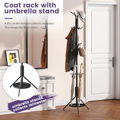 Coat Rack Freestanding,Entryway Hanger Stand,Umbrella Holder,Hall Tree With 12 Hooks, Floor Standing Metal Tree Stand,Black