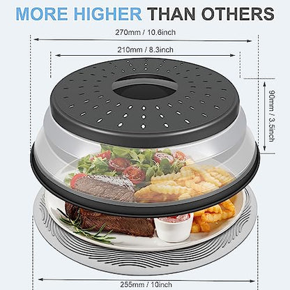 LekDrok 10 Inch Microwave Food Cover & Collapsible Silicone Mat - Splatter Guard, Plate Holder & Kitchen Colander for Meal Prep, Charcoal