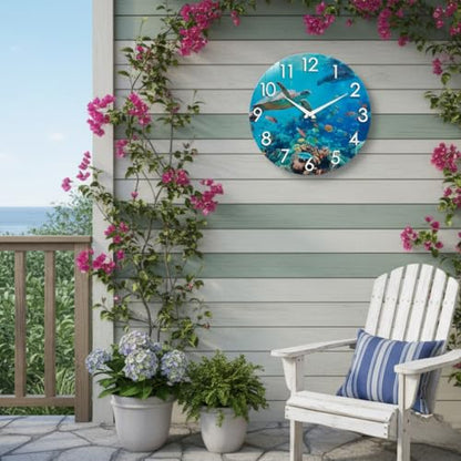 Crosstime 12 Inch Outdoor Clock – Waterproof Tempered Glass with Sea Turtle & Marine Life Theme, UV Resistant, Silent Nautical Coastal Decor Wall Clock for Patio, Pool, Garden, Backyard, Bathroom