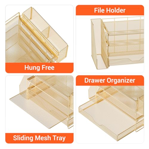 Desk Organizers and Accessories, 4-Tier Desktop File Organizer with Drawer and Pen Holders, Office Desk Accessories Workspace Organizers for Office Supplies (Gold)