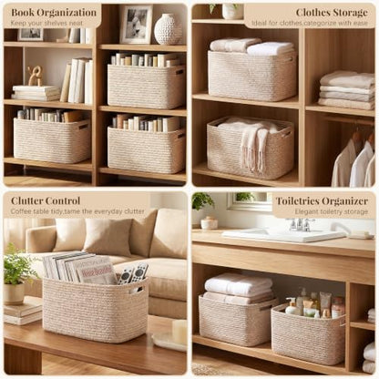 OIASKET 4Packs Natural Cotton Rope Storage Baskets for Organizing Toys, Clothes, Towels & Books, Soft Versatile Organizers for Shelves, Home Decorative Bins, 13''Lx9''Wx7.8''H, Brown