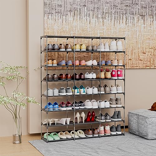 SMILHELTD Large Shoe Rack 3 Row 8 Tier Sneaker Storage Organizer 48 Pairs | Metal Tiered Plastic Shelves Dust-Proof Mats, Space Saving Oganization for Garage Closet, DIY Assembly, 49.2"W x 50.8"H