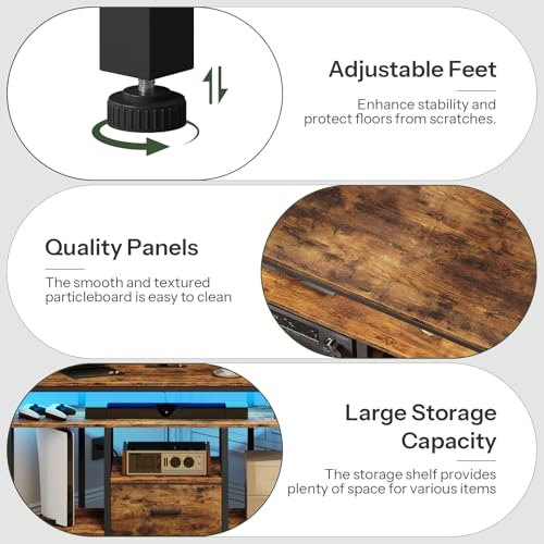Corner TV Stand with Drawer, Entertainment Center with Adjustable Mount, Console Table with LED Light and Charging Station, Supports Up to 75-Inch TV, Rustic Brown and Black TDS05UDBF