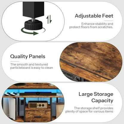 Corner TV Stand with Drawer, Entertainment Center with Adjustable Mount, Console Table with LED Light and Charging Station, Supports Up to 75-Inch TV, Rustic Brown and Black TDS05UDBF