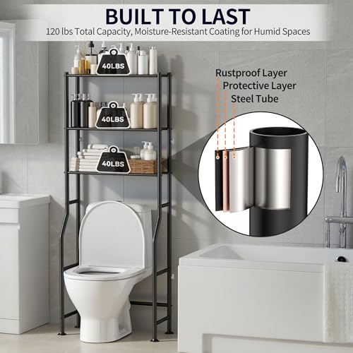 3-Tier Over The Toilet Storage, Freestanding Metal Bathroom Shelves, Space Saver Above The Over Toilet Storage Shelf for Bathroom (Black)