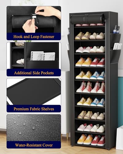 Kitsure 10-Tier Shoe Rack with Cover, Vertical Shelf, 17.5" Wide, Black | Space Saving Shoe Storage with Side Pocket, Shoe Organizer for Closet, Entryway, Bedroom, Zapateras Organizer