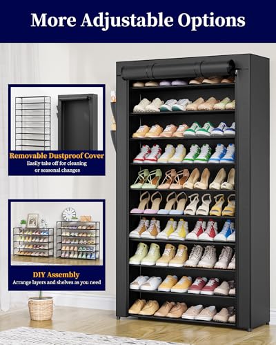 Kitsure 10-Tier Shoe Rack with Cover, Tall Shoe Shelf, 33" Wide, Black | Large Capacity Shoe Storage with Side Pocket, Shoe Organizer for Closet, Entryway, Bedroom, Zapateras Organizer