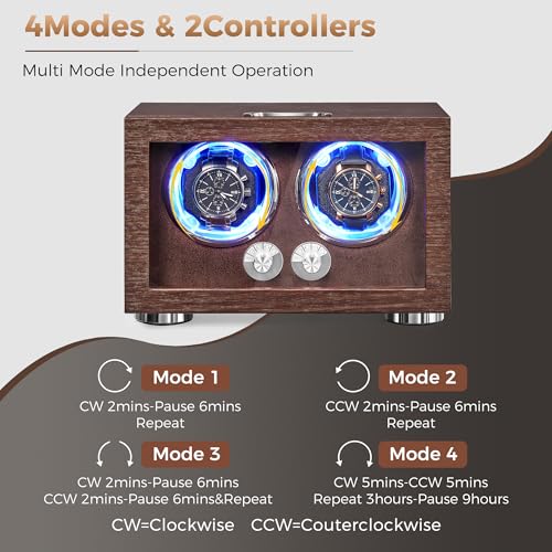 ANWBROAD Double Automatic Watch Winder, Watch Winder for Automatic Watches | 4 Modes, LED Light, Rotating Watch Box with Super Quiet Motor with Type-C Adapter, Dual Watch Winder Box (Brown), UJWW004M