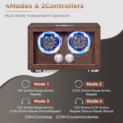 ANWBROAD Double Automatic Watch Winder, Watch Winder for Automatic Watches | 4 Modes, LED Light, Rotating Watch Box with Super Quiet Motor with Type-C Adapter, Dual Watch Winder Box (Brown), UJWW004M