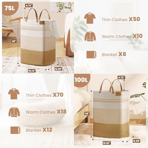 Large Laundry Hamper – 75L Tall Woven Cotton Storage Basket with Leather Handles, Slim Dirty Clothes Hamper, Decorative Storage Basket for Blanket,Toys White & Jute