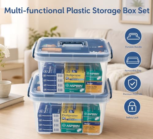 Pulseplay 2 Pack Clear Medicine Storage Box with Tray Portable Medicine Cabinet with Handle Multipurpose Plastic Storage Box First Aid Box Empty for Home and Travel