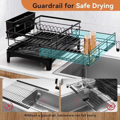 Laveshop Dish Drying Rack - Expandable Rack, Large Capacity Dish Drainer for Kitchen Counter, Rust-Proof with Utensil Holder, Black