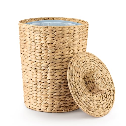 Tidita Water Hyacinth Bathroom Garbage Can with a Lid, 2 Gallon Capacity | Water Hyacinth, Iron Frame, Removable Liner, Compact, Handwoven Design, Boho Style, Kitchen, Bedroom, Office, No Assembly