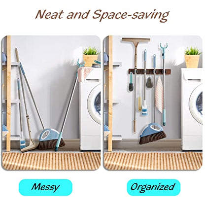 OUTNILI Mop and Broom Holder Wall Mount - Wood Broom Mop Hanger - Wall Mounted Garden Tool Rack Organizer for Closet Garage Laundry Room, Rustic Kitchen Decor With 4 Slots & 4 Hooks
