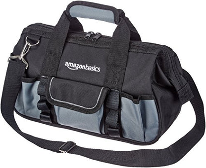Amazon Basics Durable Wear-Resistant Tool Storage Bag with Adjustable Shoulder Strap, Portable Tool Organizer, 16 Pockets, 12 in, Black & Gray