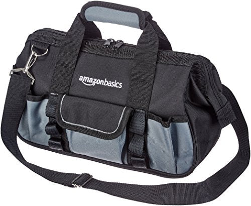 Amazon Basics Durable Wear-Resistant Tool Storage Bag with Adjustable Shoulder Strap, Portable Tool Organizer, 16 Pockets, 12 in, Black & Gray