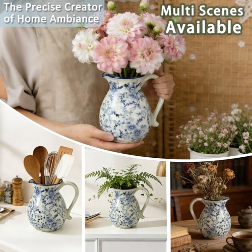 6.1" Blue & White Ceramic Farmhouse Utensil Holder for Kitchen Counter | Blue & white floral ceramic utensil holder with handle; stain-proof glaze; doubles as vase; rustic vintage kitchen decor
