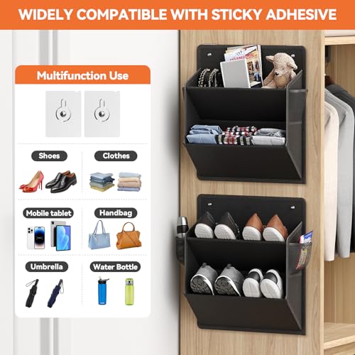 2 Pack RV Shoe Storage with Sticky Adhesive Tape, Over the Door Shoe Rack, Wall Hanging Shoe Organizer with Large Deep Pockets for Camper, Narrow Space Saving Closet Organizers Black