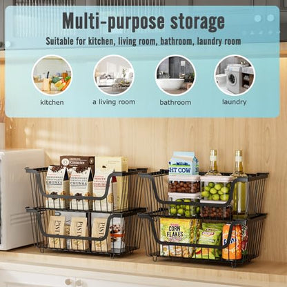 4 Pcs Stackable Wire Baskets Pantry Organizers and Storage Bins,Black | Breathable Metal Design with Rotating Handle,Ideal for Potato Onion Garlic Fruit Snack Veggie Kitchen Countertop Organization