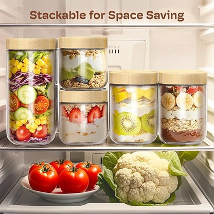 16 oz Overnight Oats Containers with Bamboo Lids, Glass Mason Jars 6 Pack