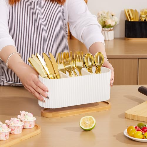 HouseJoy White Countertop Silverware Holder: Cutlery Caddy w/3 Compartment | Large Size-Easy Clean-Anti-slip-Kitchen Utensil Holder-Ideal for Fork/Spoon/Knife/Pen Pencil-Silverware Caddy Organizer