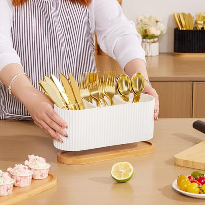 HouseJoy White Countertop Silverware Holder: Cutlery Caddy w/3 Compartment | Large Size-Easy Clean-Anti-slip-Kitchen Utensil Holder-Ideal for Fork/Spoon/Knife/Pen Pencil-Silverware Caddy Organizer