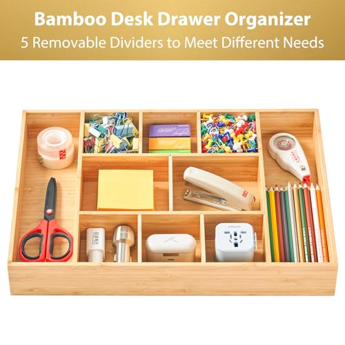 Extra Large Bamboo Desk Drawer Organizer, Wood Junk Organizer Tray with Adjustable Dividers, Anti-Skip Storage Organization in Office Bathroom Drawer for Vanity, Makeup, 17" x 12"