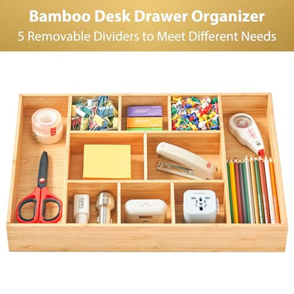 Extra Large Bamboo Desk Drawer Organizer, Wood Junk Organizer Tray with Adjustable Dividers, Anti-Skip Storage Organization in Office Bathroom Drawer for Vanity, Makeup, 17" x 12"