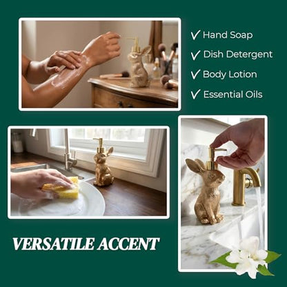 Gold Bunny Soap Dispenser – Vintage Rabbit Hand & Dish Soap Dispenser for Kitchen Sink & Bathroom Vanity – Rust Proof Pump Lotion Bottle – Resin Animal Statues Home Decor & Easter Decorations, 8oz