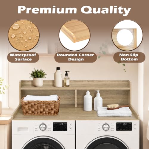 Royxen Laundry Countertop with 2-Tier Shelf Universal Fit, Washer and Dryer Countertop with Storage Space, Shelf Height 11.5 Inches, Solid Wood Core, White Oak