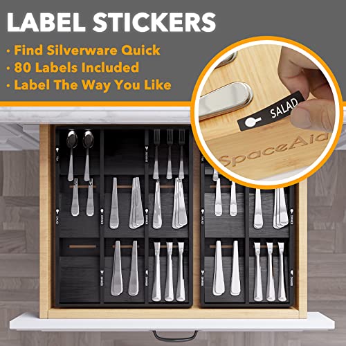 Bamboo Silverware Drawer Organizer with Labels, Ki... (Black | Bamboo)