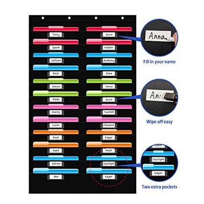 REGELETO 24 Pockets File Storage Pocket Chart with 24 Nametag Pockets, Hanging Wall File Organizer for Classroom and Office, Organize Your Assignments, Files, Scrapbooks, Paper (Black-24 pockets)