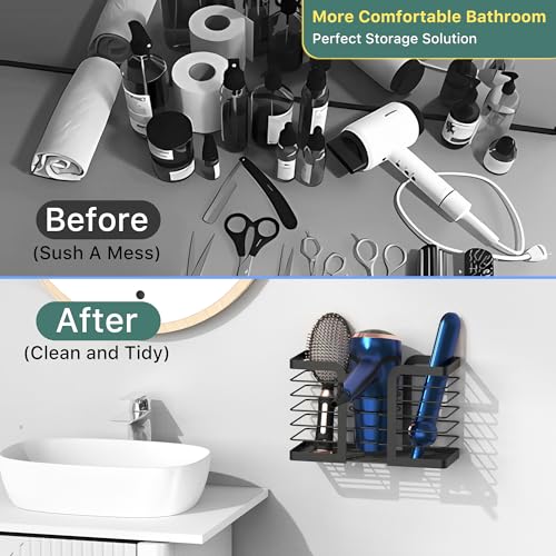 YIGII Hair Dryer Holder - Hair Tool Organizer 3-in-1 Blow Dryer Holder Adjustable Height, Bathroom Organizer Wall Mounted/Cabinet Door for Flat/Curling Irons, Hair Straighteners