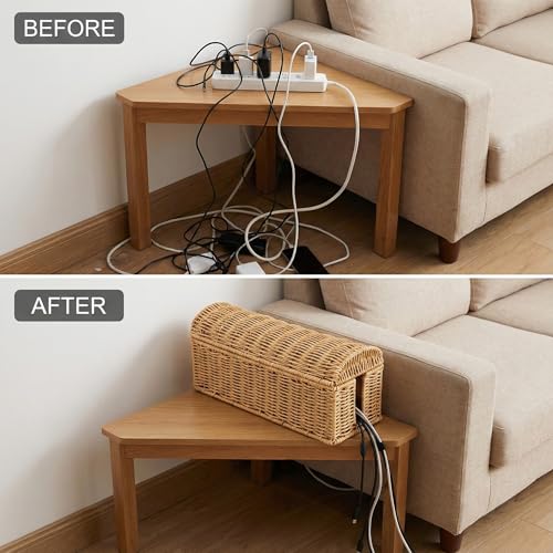 Large Rattan Cable Management Box, Decorative WiFi Router & Modem Hider | Ventilated, Waterproof, Easy Clean, No Assembly, Decorative Cable Organizer