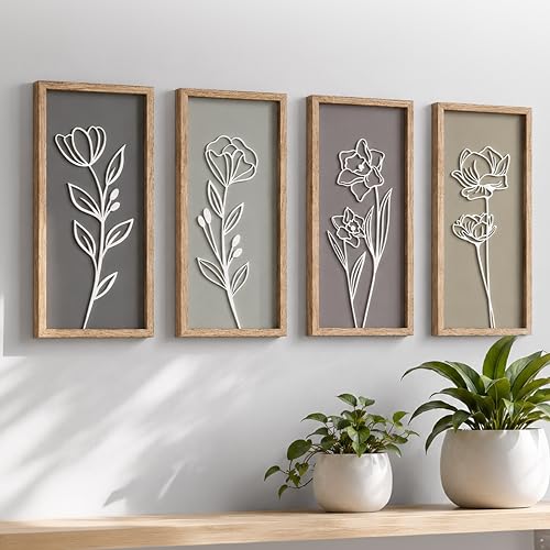 Tide and Tales 3d Framed Wall Art, Set of 4, Floral Boho Wall Decor | 7" x 16", Lightweight, Wooden, Ready-to-Hang Wall Decor for Living Room, Bathroom, Bedroom or Office, Botanical Farmhouse