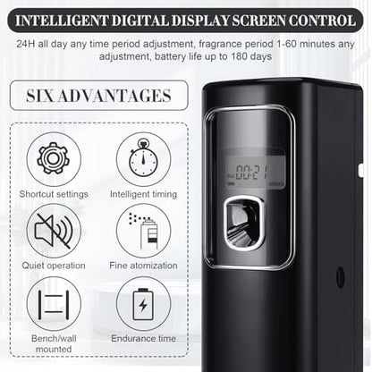 Rossesay 2 Pcs Automatic Air Freshener Spray Dispenser with Screen LCD Perfume Dispenser Wall Mount/Standing Capacity for Bathroom Hotel Office Commercial Place (Black)