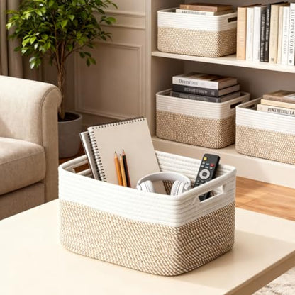 5 Pack Woven Storage Baskets, Decorative Storage Bins for Organizing | 13.8'' × 9.8'' × 7.9'', Cotton Rope Basket Organizer for Closet, Shelves, bathroom, Nursery, Toys, Books, Pantry, Khaki/White