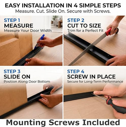 Door Sweep for Bottom of Door, Exterior Door Seal 36”, Fits Standard 1-3/4” Doors, Adjustable Fit, Blocks Draft, Noise, Dust & Bugs, Heavy Duty uPVC, Easy Install with Screws (2, Black)