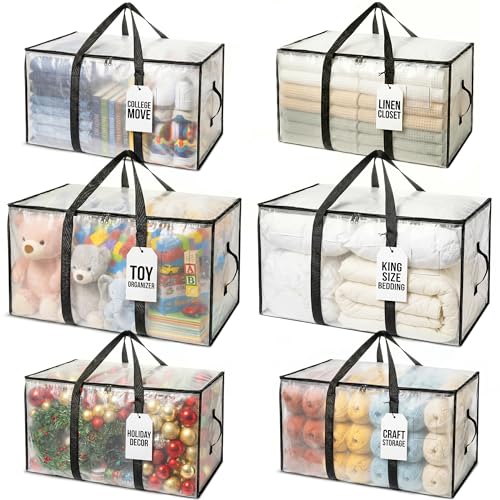 ClearSpace Heavy Duty Moving Bags - Water Resistant Storage Bags with Backpack Straps, Zippers and Handles - Large Moving Boxes for College Dorm, Travel, Closet Organization - 6 Pack, Clear