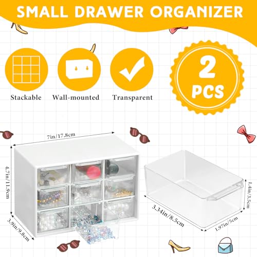 2 Pcs Mini Storage Drawers with 9 Clear Drawers,White