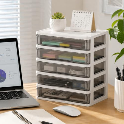 5 Drawer Desktop Storage Bin Unit, Small Plastic Organizer, White Frame with Clear Drawer, Mini Container Case for Desk, Storing Craft, Accessory, Stationery